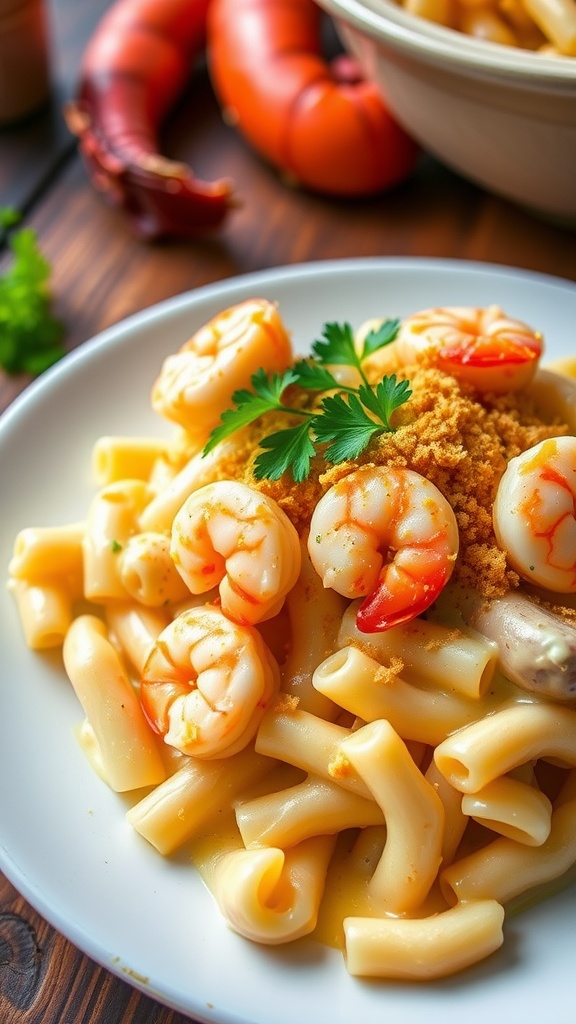 Shrimp and Lobster Mac and Cheese in a baking dish, topped with breadcrumbs and parsley, served on a rustic table.